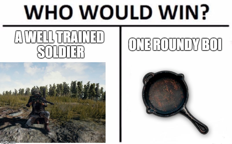 pubg soldier vs pan | A WELL TRAINED SOLDIER; ONE ROUNDY BOI | image tagged in pubg,who would win,funny | made w/ Imgflip meme maker