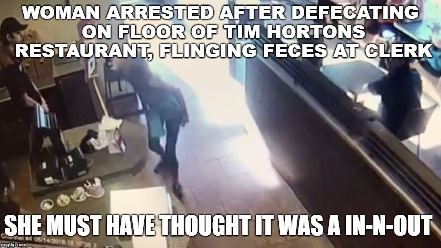 who flung poo | WOMAN ARRESTED AFTER DEFECATING ON FLOOR OF TIM HORTONS RESTAURANT, FLINGING FECES AT CLERK; SHE MUST HAVE THOUGHT IT WAS A IN-N-OUT | image tagged in crazy news,dirty deeds done with sheep | made w/ Imgflip meme maker