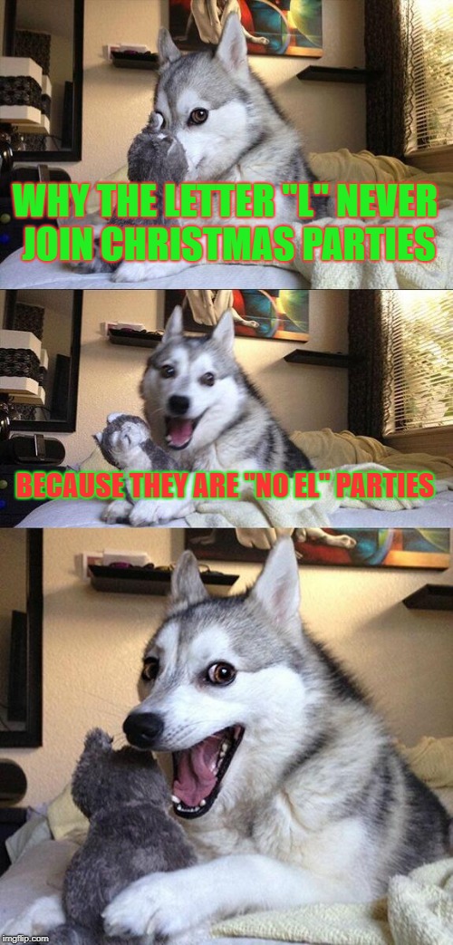 Bad Pun Dog | WHY THE LETTER "L" NEVER JOIN CHRISTMAS PARTIES; BECAUSE THEY ARE "NO EL" PARTIES | image tagged in memes,bad pun dog | made w/ Imgflip meme maker