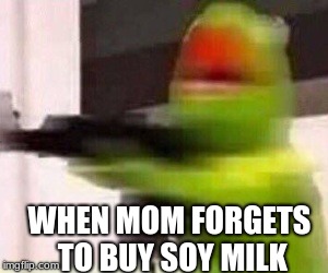 school shooter (muppet) | WHEN MOM FORGETS TO BUY SOY MILK | image tagged in school shooter muppet | made w/ Imgflip meme maker