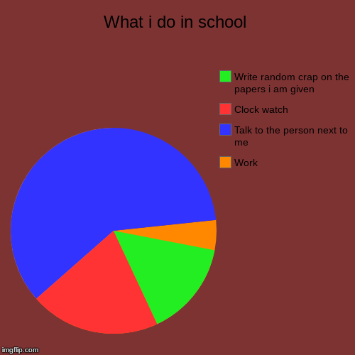 What i do in school | Work, Talk to the person next to me, Clock watch, Write random crap on the papers i am given | image tagged in funny,pie charts | made w/ Imgflip chart maker