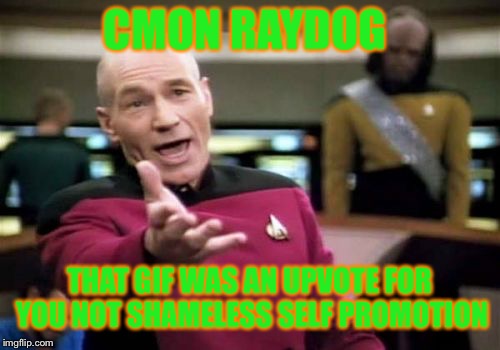 Picard Wtf Meme | CMON RAYDOG; THAT GIF WAS AN UPVOTE FOR YOU NOT SHAMELESS SELF PROMOTION | image tagged in memes,picard wtf | made w/ Imgflip meme maker