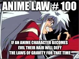Anime law | ANIME LAW # 100; IF AN ANIME CHARACTER BECOMES EVIL THEIR HAIR WILL DEFY THE LAWS OF GRAVITY FOR THAT TIME | image tagged in inuyasha | made w/ Imgflip meme maker