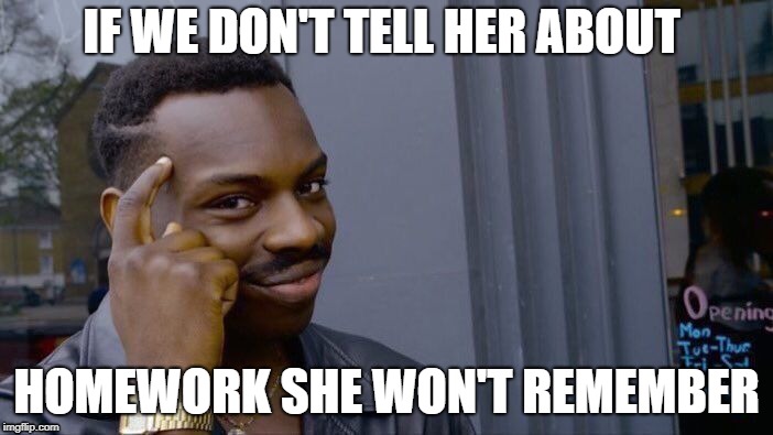 Roll Safe Think About It Meme | IF WE DON'T TELL HER ABOUT; HOMEWORK SHE WON'T REMEMBER | image tagged in memes,roll safe think about it | made w/ Imgflip meme maker