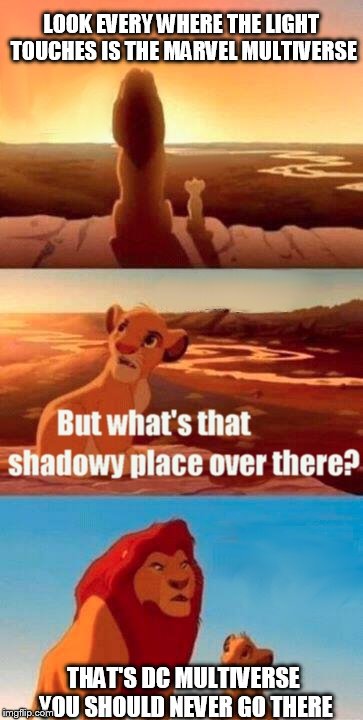 Simba Shadowy Place Meme | LOOK EVERY WHERE THE LIGHT TOUCHES IS THE MARVEL MULTIVERSE; THAT'S DC MULTIVERSE YOU SHOULD NEVER GO THERE | image tagged in memes,simba shadowy place | made w/ Imgflip meme maker