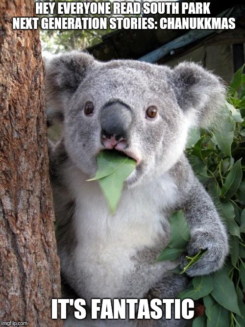 Koala reads Chanukkmas and says it's fantastic | HEY EVERYONE READ SOUTH PARK NEXT GENERATION STORIES: CHANUKKMAS; IT'S FANTASTIC | image tagged in memes,surprised koala,south park,southpark,south park craig | made w/ Imgflip meme maker