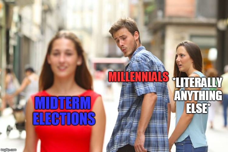 Distracted Boyfriend Meme | MILLENNIALS; *LITERALLY ANYTHING ELSE*; MIDTERM ELECTIONS | image tagged in memes,distracted boyfriend | made w/ Imgflip meme maker