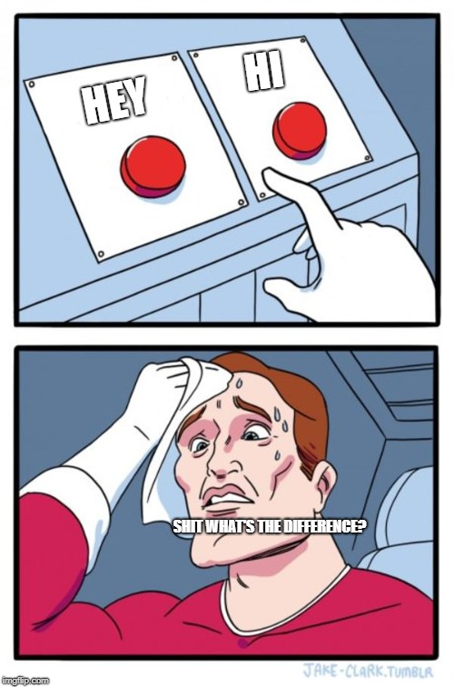 Two Buttons | HI; HEY; SHIT WHAT'S THE DIFFERENCE? | image tagged in memes,two buttons | made w/ Imgflip meme maker