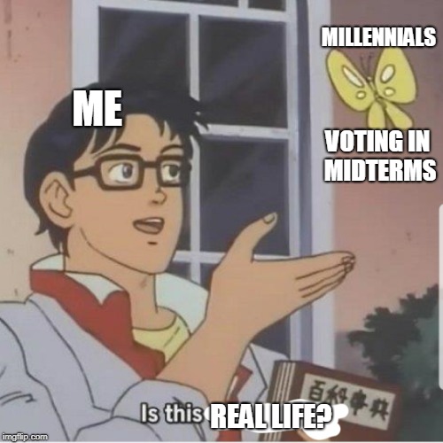 Butterfly man | MILLENNIALS; ME; VOTING IN MIDTERMS; REAL LIFE? | image tagged in butterfly man | made w/ Imgflip meme maker