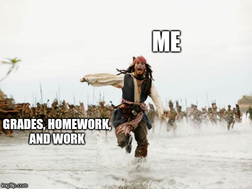 Jack Sparrow Being Chased Meme | ME; GRADES, HOMEWORK, AND WORK | image tagged in memes,jack sparrow being chased | made w/ Imgflip meme maker