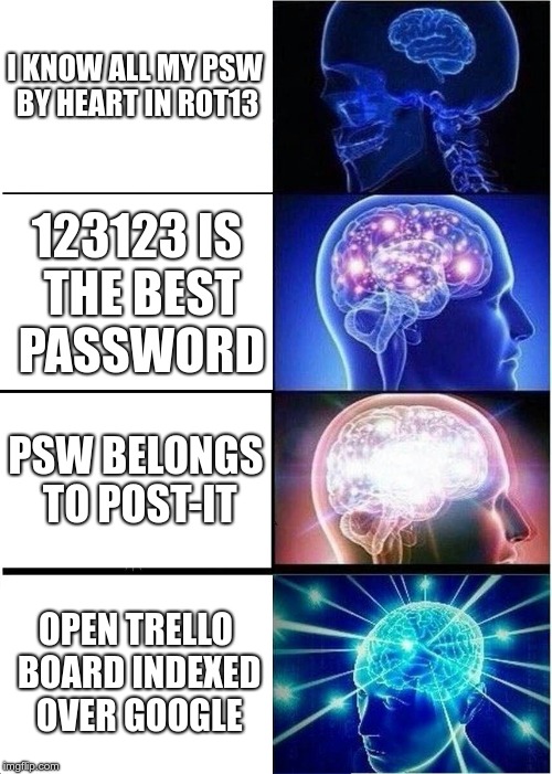 Expanding Brain Meme | I KNOW ALL MY PSW BY HEART IN ROT13; 123123 IS THE BEST PASSWORD; PSW BELONGS TO POST-IT; OPEN TRELLO BOARD INDEXED OVER GOOGLE | image tagged in memes,expanding brain | made w/ Imgflip meme maker