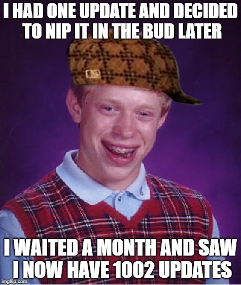 This happened this morning | I HAD ONE UPDATE AND DECIDED TO NIP IT IN THE BUD LATER; I WAITED A MONTH AND SAW I NOW HAVE 1002 UPDATES | image tagged in windows update,bad luck brian | made w/ Imgflip meme maker