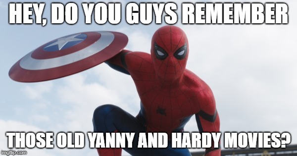 Yanny Vs. Laurel Showdown | HEY, DO YOU GUYS REMEMBER; THOSE OLD YANNY AND HARDY MOVIES? | image tagged in civil war spiderman | made w/ Imgflip meme maker
