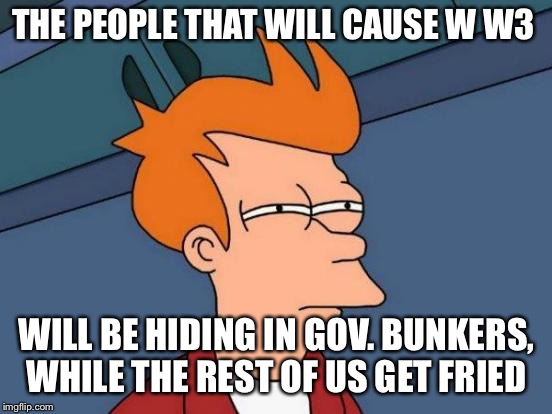 Futurama Fry Meme | THE PEOPLE THAT WILL CAUSE W W3; WILL BE HIDING IN GOV. BUNKERS, WHILE THE REST OF US GET FRIED | image tagged in memes,futurama fry | made w/ Imgflip meme maker