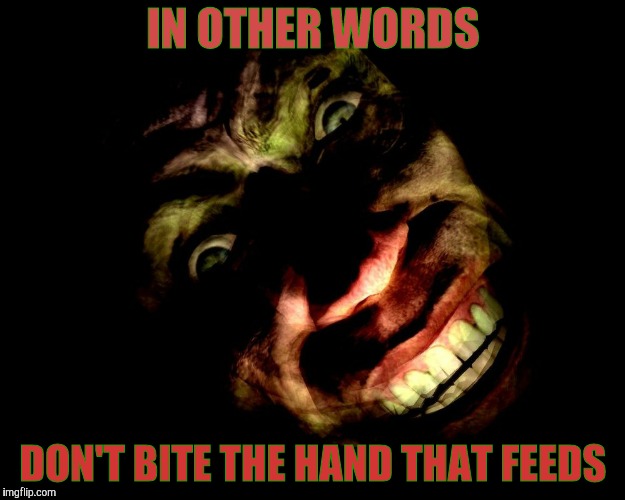 Creep With Tilted Head | IN OTHER WORDS DON'T BITE THE HAND THAT FEEDS | image tagged in creep with tilted head vagabondsouffle template | made w/ Imgflip meme maker