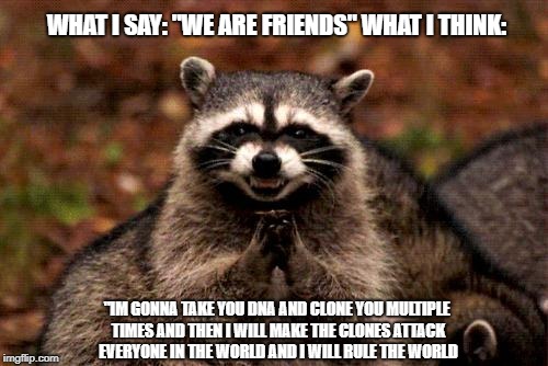 Evil Plotting Raccoon Meme | WHAT I SAY: "WE ARE FRIENDS" WHAT I THINK:; "IM GONNA TAKE YOU DNA AND CLONE YOU MULTIPLE TIMES AND THEN I WILL MAKE THE CLONES ATTACK EVERYONE IN THE WORLD AND I WILL RULE THE WORLD | image tagged in memes,evil plotting raccoon | made w/ Imgflip meme maker
