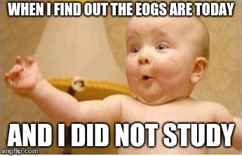 Excited Baby | WHEN I FIND OUT THE EOGS ARE TODAY; AND I DID NOT STUDY | image tagged in excited baby | made w/ Imgflip meme maker