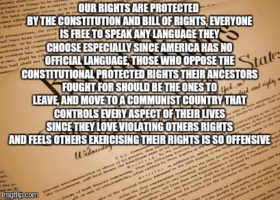 Constitution  | OUR RIGHTS ARE PROTECTED BY THE CONSTITUTION AND BILL OF RIGHTS, EVERYONE IS FREE TO SPEAK ANY LANGUAGE THEY CHOOSE ESPECIALLY SINCE AMERICA HAS NO OFFICIAL LANGUAGE, THOSE WHO OPPOSE THE CONSTITUTIONAL PROTECTED RIGHTS THEIR ANCESTORS FOUGHT FOR SHOULD BE THE ONES TO LEAVE, AND MOVE TO A COMMUNIST COUNTRY THAT CONTROLS EVERY ASPECT OF THEIR LIVES SINCE THEY LOVE VIOLATING OTHERS RIGHTS AND FEELS OTHERS EXERCISING THEIR RIGHTS IS SO OFFENSIVE | image tagged in constitution | made w/ Imgflip meme maker