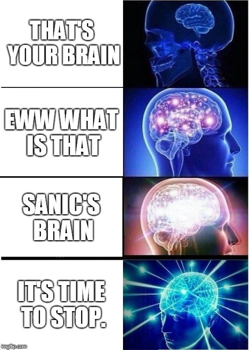 Expanding Brain Meme | THAT'S YOUR BRAIN; EWW WHAT IS THAT; SANIC'S BRAIN; IT'S TIME TO STOP. | image tagged in memes,expanding brain | made w/ Imgflip meme maker