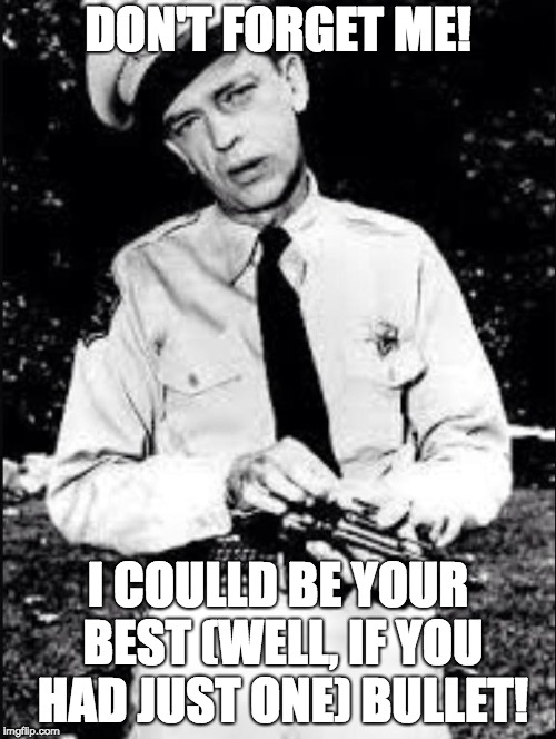 Barney fife | DON'T FORGET ME! I COULLD BE YOUR BEST (WELL, IF YOU HAD JUST ONE) BULLET! | image tagged in barney fife | made w/ Imgflip meme maker