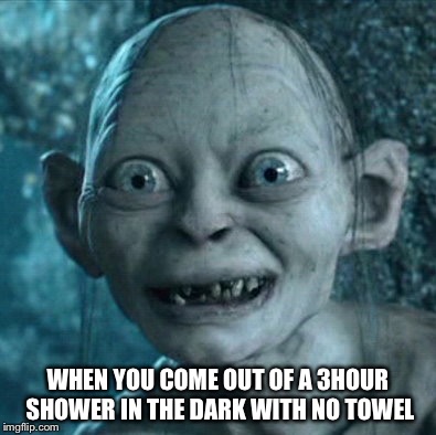 Gollum | WHEN YOU COME OUT OF A 3HOUR SHOWER IN THE DARK WITH NO TOWEL | image tagged in memes,gollum | made w/ Imgflip meme maker