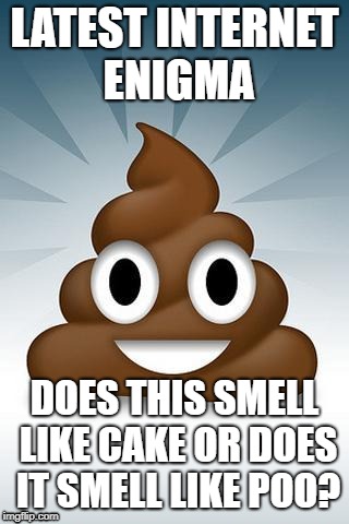 poop whatsapp | LATEST INTERNET ENIGMA; DOES THIS SMELL LIKE CAKE OR DOES IT SMELL LIKE POO? | image tagged in poop whatsapp | made w/ Imgflip meme maker