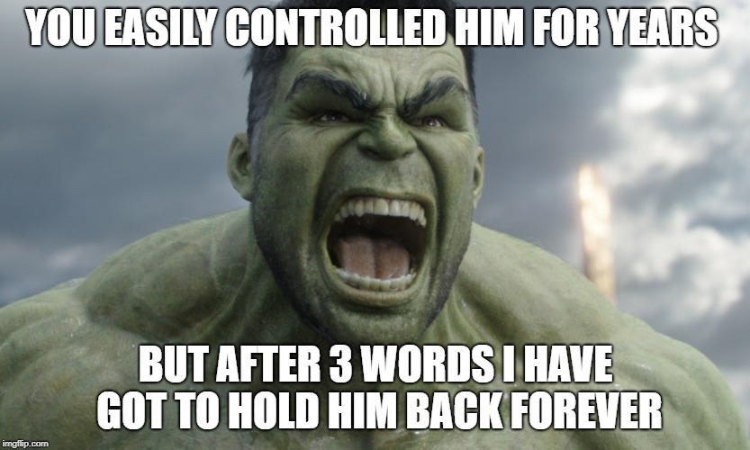 YOU EASILY CONTROLLED HIM FOR YEARS; BUT AFTER 3 WORDS I HAVE GOT TO HOLD HIM BACK FOREVER | image tagged in hulk | made w/ Imgflip meme maker