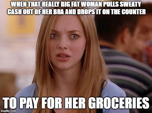OMG Karen | WHEN THAT REALLY BIG FAT WOMAN PULLS SWEATY CASH OUT OF HER BRA AND DROPS IT ON THE COUNTER; TO PAY FOR HER GROCERIES | image tagged in memes,omg karen | made w/ Imgflip meme maker