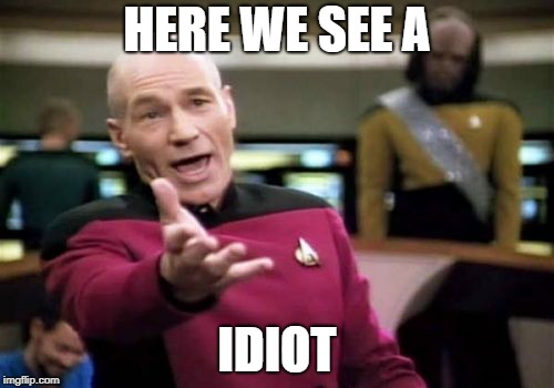 Picard Wtf Meme | HERE WE SEE A; IDIOT | image tagged in memes,picard wtf | made w/ Imgflip meme maker