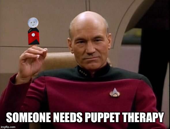 Picard with Puppet | SOMEONE NEEDS PUPPET THERAPY | image tagged in picard with puppet | made w/ Imgflip meme maker