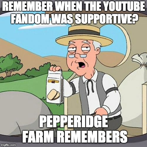 To the Youtube Fandom | REMEMBER WHEN THE YOUTUBE FANDOM WAS SUPPORTIVE? PEPPERIDGE FARM REMEMBERS | image tagged in memes,pepperidge farm remembers,youtube | made w/ Imgflip meme maker