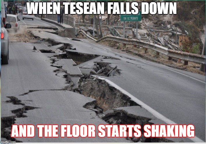WHEN TESEAN FALLS DOWN; AND THE FLOOR STARTS SHAKING | image tagged in memes,scumbag | made w/ Imgflip meme maker