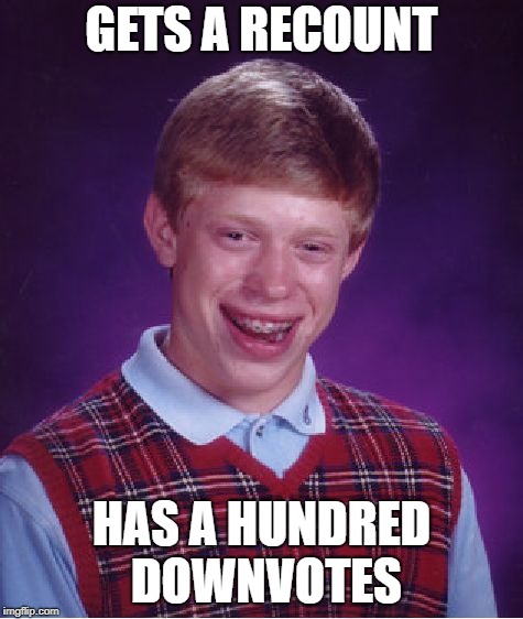 Bad Luck Brian Meme | GETS A RECOUNT HAS A HUNDRED DOWNVOTES | image tagged in memes,bad luck brian | made w/ Imgflip meme maker