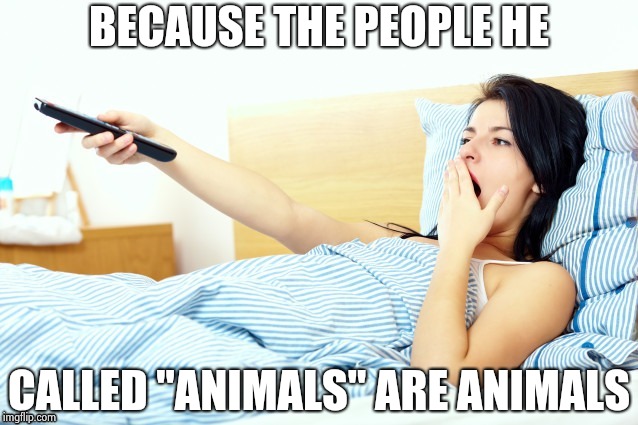 Boooriiing | BECAUSE THE PEOPLE HE CALLED "ANIMALS" ARE ANIMALS | image tagged in boooriiing | made w/ Imgflip meme maker