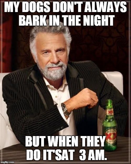 The Most Interesting Man In The World Meme | MY DOGS DON'T ALWAYS BARK IN THE NIGHT BUT WHEN THEY DO IT'SAT  3 AM. | image tagged in memes,the most interesting man in the world | made w/ Imgflip meme maker