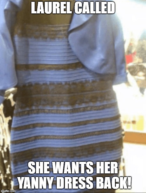 LAUREL CALLED; SHE WANTS HER YANNY DRESS BACK! | image tagged in laurel,yanny,gold and white dress,blue and black dress | made w/ Imgflip meme maker