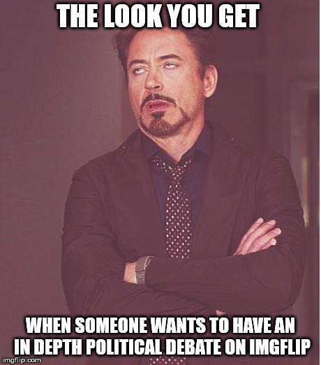 Its  a meme site  | THE LOOK YOU GET; WHEN SOMEONE WANTS TO HAVE AN IN DEPTH POLITICAL DEBATE ON IMGFLIP | image tagged in memes,face you make robert downey jr | made w/ Imgflip meme maker