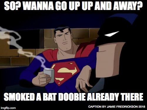Batman And Superman Meme | SO? WANNA GO UP UP AND AWAY? SMOKED A BAT DOOBIE ALREADY THERE; CAPTION BY JAMIE FREDRICKSON 2018 | image tagged in memes,batman and superman | made w/ Imgflip meme maker