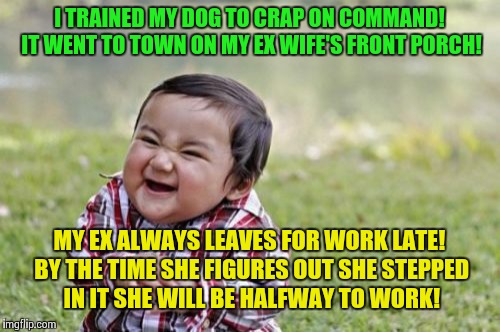 Know your enemy! | I TRAINED MY DOG TO CRAP ON COMMAND! IT WENT TO TOWN ON MY EX WIFE'S FRONT PORCH! MY EX ALWAYS LEAVES FOR WORK LATE! BY THE TIME SHE FIGURES OUT SHE STEPPED IN IT SHE WILL BE HALFWAY TO WORK! | image tagged in memes,evil toddler,ex wife | made w/ Imgflip meme maker