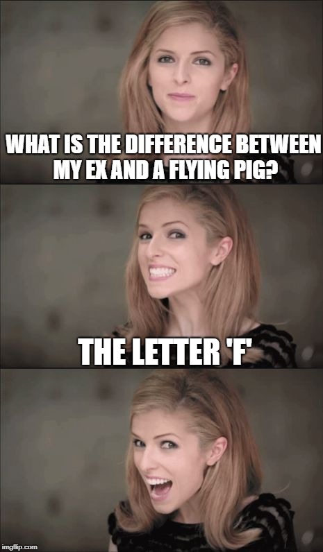 Bad Pun Anna Kendrick Meme | WHAT IS THE DIFFERENCE BETWEEN MY EX AND A FLYING PIG? THE LETTER 'F' | image tagged in memes,bad pun anna kendrick | made w/ Imgflip meme maker