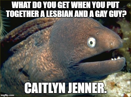 This joke probably would not air on Keeping Up With The Kardashians | WHAT DO YOU GET WHEN YOU PUT TOGETHER A LESBIAN AND A GAY GUY? CAITLYN JENNER. | image tagged in memes,bad joke eel,lesbian,gay,caitlyn jenner,transgender | made w/ Imgflip meme maker