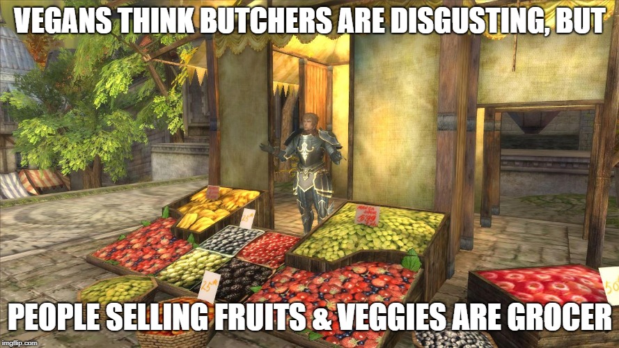 VEGANS THINK BUTCHERS ARE DISGUSTING, BUT; PEOPLE SELLING FRUITS & VEGGIES ARE GROCER | made w/ Imgflip meme maker