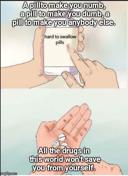 Hard To Swallow Pills |  A pillto make you numb, a pill to make you dumb, a pill to make you anybody else. All the drugs in this world won't save you from yourself. | image tagged in hard pills to swallow | made w/ Imgflip meme maker