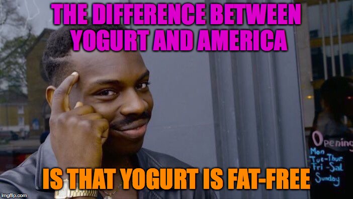 Roll Safe Think About It Meme |  THE DIFFERENCE BETWEEN YOGURT AND AMERICA; IS THAT YOGURT IS FAT-FREE | image tagged in memes,roll safe think about it,fat,thinking black guy,funny | made w/ Imgflip meme maker