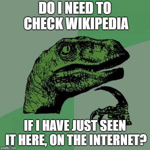 Philosoraptor Meme | DO I NEED TO CHECK WIKIPEDIA IF I HAVE JUST SEEN IT HERE, ON THE INTERNET? | image tagged in memes,philosoraptor | made w/ Imgflip meme maker