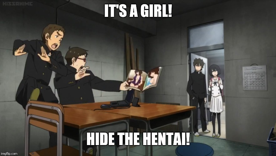 Spoiler: It Will Never Happen To You Guys | IT'S A GIRL! HIDE THE HENTAI! | image tagged in anime,animeme | made w/ Imgflip meme maker