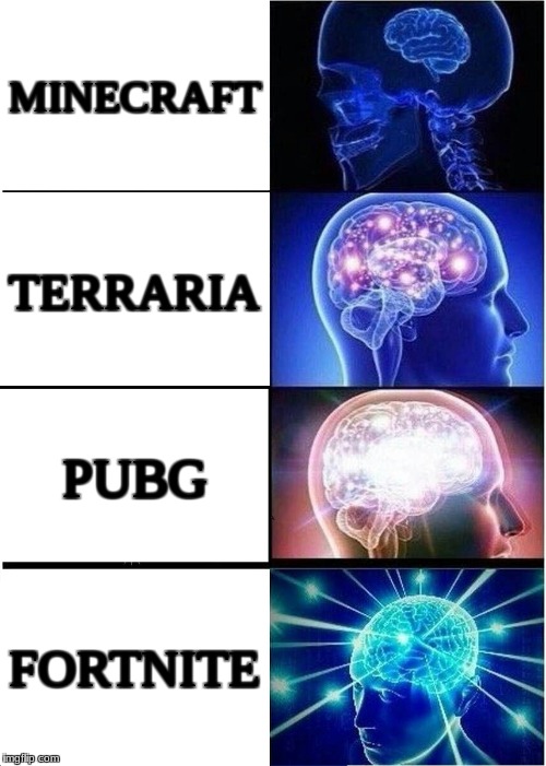 Why did i make this? | MINECRAFT; TERRARIA; PUBG; FORTNITE | image tagged in memes,expanding brain,pubg,fortnite | made w/ Imgflip meme maker