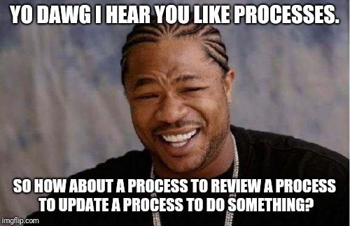 CMMI Explained | YO DAWG I HEAR YOU LIKE PROCESSES. SO HOW ABOUT A PROCESS TO REVIEW A PROCESS TO UPDATE A PROCESS TO DO SOMETHING? | image tagged in memes,yo dawg heard you,software | made w/ Imgflip meme maker
