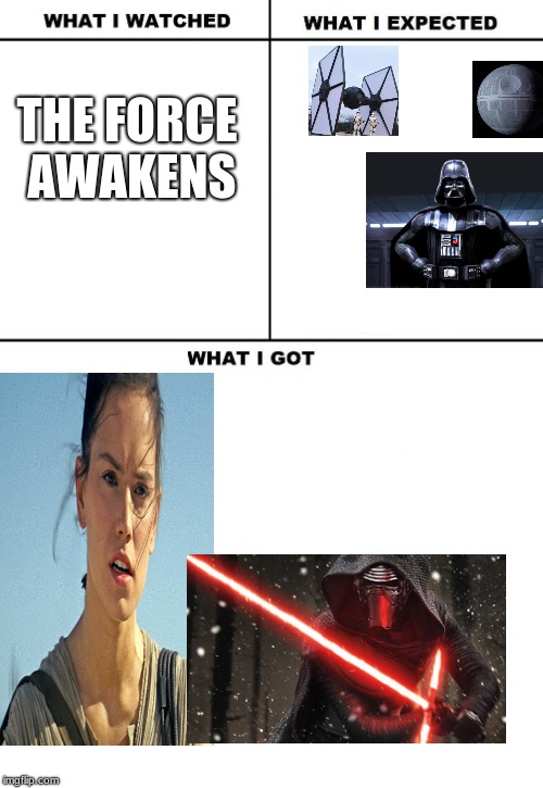 What I Watched/ What I Expected/ What I Got | THE FORCE AWAKENS | image tagged in what i watched/ what i expected/ what i got | made w/ Imgflip meme maker