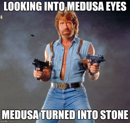 Chuck Norris Guns Meme | LOOKING INTO MEDUSA EYES; MEDUSA TURNED INTO STONE | image tagged in memes,chuck norris guns,chuck norris | made w/ Imgflip meme maker